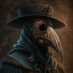 Plague mask, hat and costume of medieval doctor. Generative AI