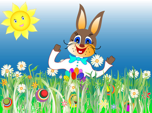 Easter picture with a brown bunny in nature. Easter theme, happy hare with eggs on meadow in flower grass.