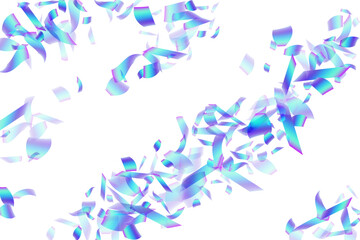 Glamour flying confetti decoration vector illustration. Blue  hologram elements new year vector. Cracker poppers party confetti. Holiday celebration decor background. Top view sequins.