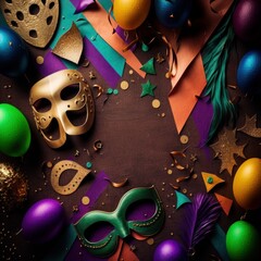 Mardi Gras background, colorful carnival or party background, balloons, streamers, and confetti on a colorful background with white space in the center of the image.  Generative AI