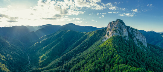 An eroded cliff pointing out of a beech woodland on top of a mountain peak. The wild beech forest...