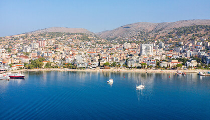 Fototapeta na wymiar City Beach. Saranda. Albania. Promenade. Port. City. View from a height