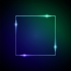 Neon Frame with Glow, and Sparkles. Electronic Luminous Square Frame in Green and Blue Colors, for Entertainment Message or Promotion Theme on Dark