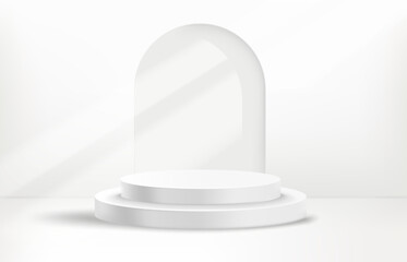 Bright illuminated room with portal and podium. Showcase  template. 3d vector background