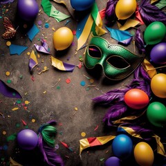 Fototapeta na wymiar Mardi Gras, balloons, streamers, confetti, and a colorful carnival or celebration background are all displayed on a textured background with some white space in the center. Generative AI