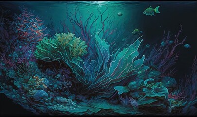 Fototapeta na wymiar a painting of an underwater scene with corals and seaweed. generative ai
