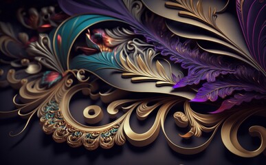 A lovely, elaborate concept wallpaper. Idea for a colorful background for Mardi Gras. Generative AI