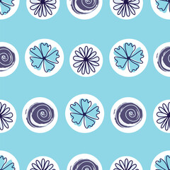 Vector light blue seamless pattern with circles and flowers, perfect for fabric, scrapbooking, wallpaper projects.