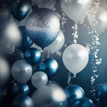 Blue and Metallic Silver Balloon Backdrop Wedding Shower Party Birthday Celebration Generative AI