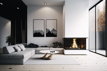 a lit fireplace in a modern interior