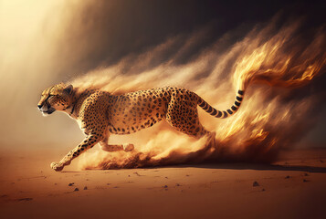 Cheetah runs through desert in fire and dust, sand and smoke, the fastest animal. Generative AI - obrazy, fototapety, plakaty