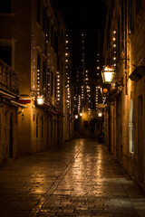 Fototapeta na wymiar Empty Dubrovnik city streets during winter, decorated in christmas lights