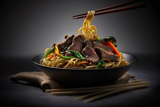 Chinese beef lo mein with chopsticks, Generative Ai