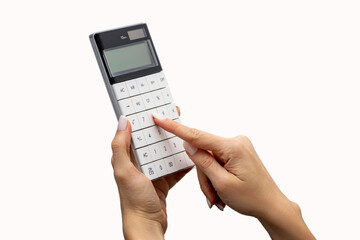 Woman hand hold a calculator isolated on white.