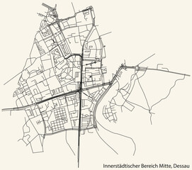 Fototapeta na wymiar Detailed hand-drawn navigational urban street roads map of the INNERSTÄDTISCHER BEREICH MITTE BOROUGH of the German town of DESSAU, Germany with vivid road lines and name tag on solid background