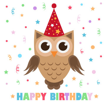 Birthday Card with Owl. Vector Illustration
