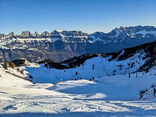 Ski area flumserberg with a view of the churfirsten. Ski and snowboard in the Swiss mountains with fantastic views. High quality photo