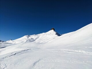 Ski tour with a view of the Spitzmeilen mountain in St. Gallen and Glarus. Ski mountaineering in the Swiss Alps. Skitour. High quality photo