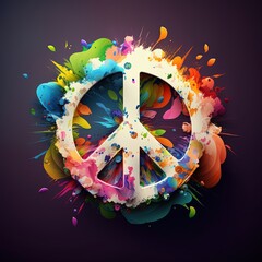 Colorful, abstract paint splash peace symbol isolated on background. Generative AI