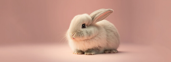 Happy Easter. Cute Bunny on Pastel Pink Background, isolated, space for copy.