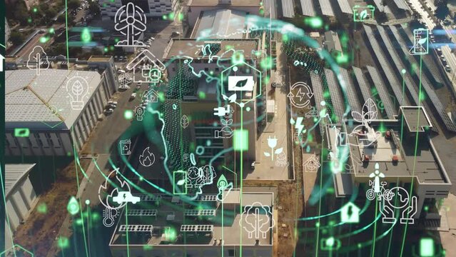 Solar power plant and technology concept. Renewable energy. Smart grid. High quality 4k footage