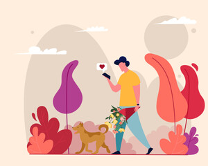 flat illustration, header for the site, a guy with a bouquet of flowers and a dog walks and writes a message.