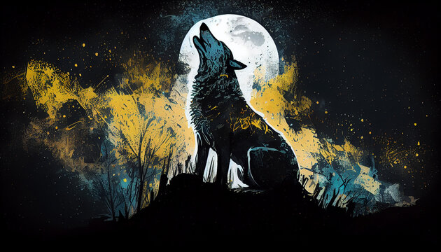 Wolf howls at moonlight night, Generative AI