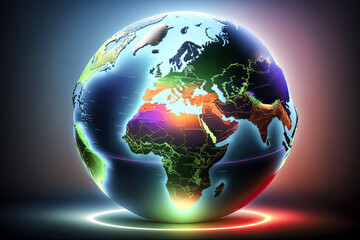 A colorful 3D render of an Earth globe with bright lights is depicted. - Generative AI