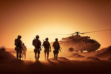 Fototapeta na wymiar Military soldiers are running to the helicopter in the battlefield at desert sunset.