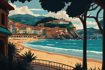 Fototapeta premium Beautiful tropical beach in the Spanish vacation town of San Sebastián Generative AI