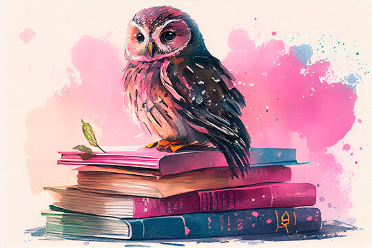 a watercolor painting of a owl sitting on a stack of books with a pink background and watercolor splashes on the back of the book pages, and the owl is sitting on top of the stack. Generative AI