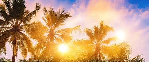 Fototapeta na wymiar Calm and Serene: Palm Trees at Sunset on a Vintage Background - Generative AI