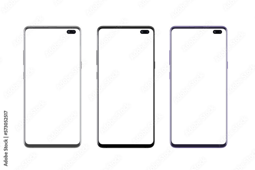 Poster three sleek smartphones, different colors, arranged in a row. transparent display and background