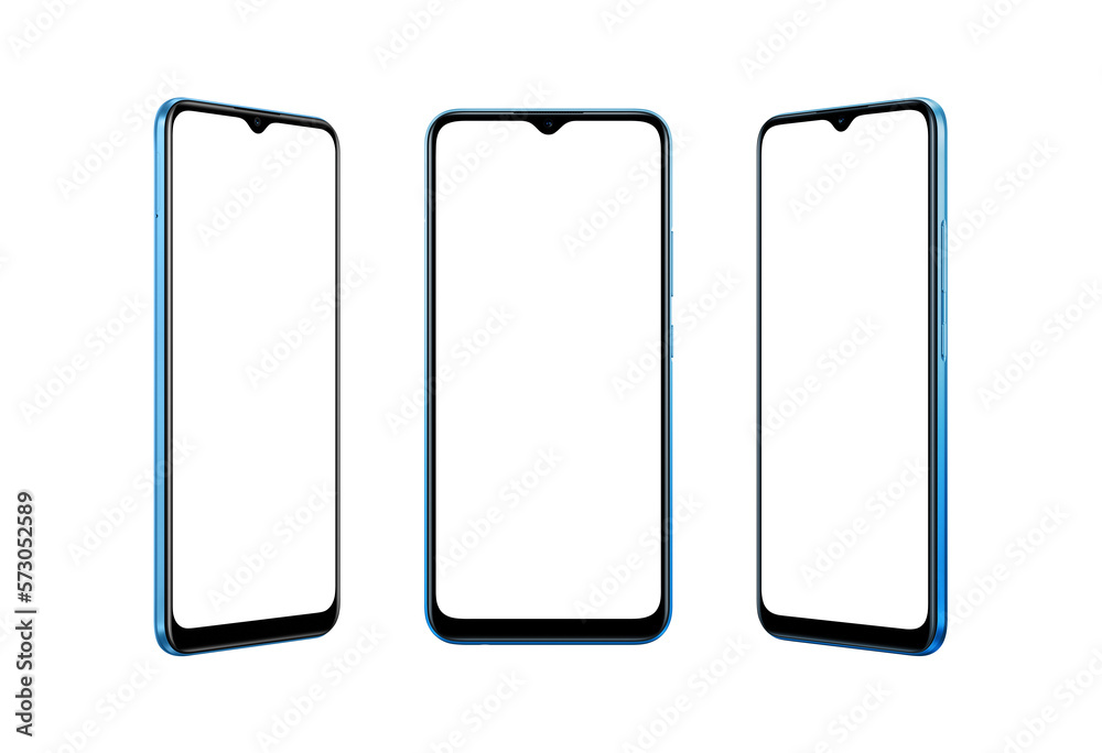 Poster Isolated modern blue smart phone in three position. Thin edges with small built into display camera