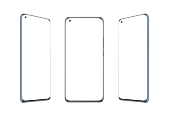 Phone isolated in three positions. Isolated display and background for app design presentation. Sleek screen with thin edges and camera built into display