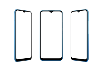 Isolated modern blue smart phone in three position. Thin edges with small built into display camera