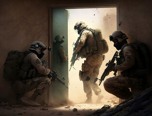 Special forces soldiers during the military operation. war, army, and people concept