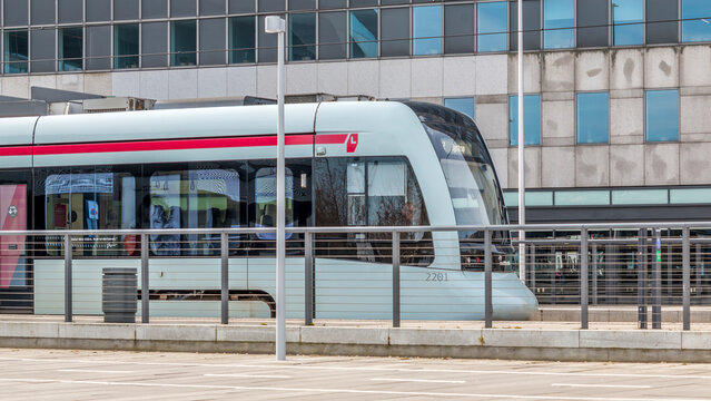 Aarhus Letbane at a station. Denmark - 24 march 2020: Aarhus letbane is a tram and tram-train system under construction in the city of Aarhus, Denmark since September 2013.