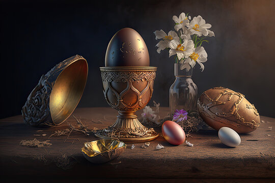 Easter decorations, easter egg, cross, chalice, flowers, religious, religion, Christianity, Christian, candle, decor, festive, gold, tradition, ornament.