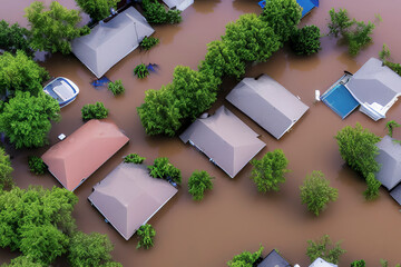 Natural Disasters, flooding, residential area flooded, created with Generative AI technology