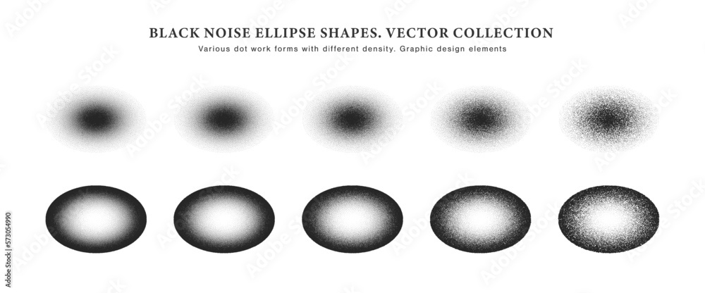 Wall mural Different Variations Of Vector Hand Drawn Dotwork Stipple Oval Abstract Blur Shapes Set Isolated On White Background. Various Degree Of Black Noise Texture Dotted Elliptical Design Elements Collection