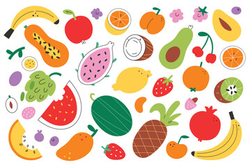 Various fruits bundle, cute mango, kiwi, peach and banana drawing, tropical fruit stickers set, watermelon and mango clipart, exotic vitamin food, hand drawn icons, doodle vector illustrations