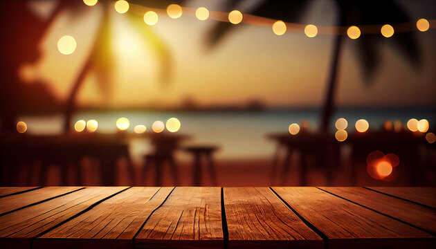 Empty wooden table top product display showcase stage. Tropical summer sunset beach bar background. Generative ai