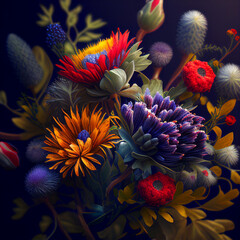 Fototapeta na wymiar bouquet of bright unusual multi-colored flowers on a dark background. generative ai