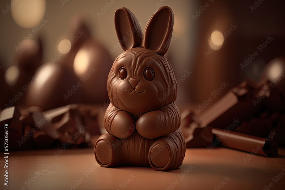 Wall mural Cute easter bunny made of chocolate with chocolate eggs. 