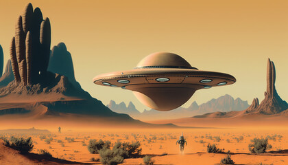 Fototapeta na wymiar UFO, alien spaceship flying on mars, retro.