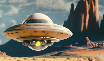 Fototapeta na wymiar UFO, alien spaceship flying on mars, retro.