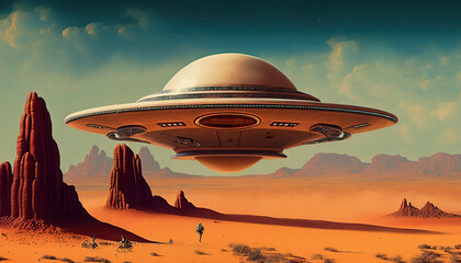 UFO, alien spaceship flying on mars, retro.