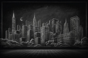 black chalkboard background with a hand-drawn illustration of a cityscape, generative ai