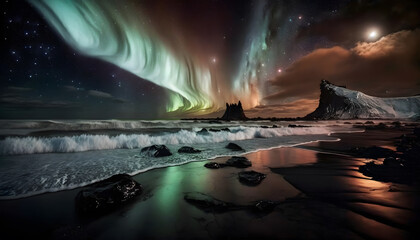 Auroras over black sand beaches of Iceland